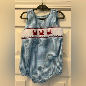 Baby Boy Blue Plaid Smocked Bubble with Crabs, 18mo